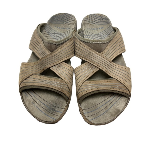 MERRELL BUNGEE Tan Genuine Leather Suede Slides Flip Flops Sandals Sporty sz 7 - Picture 3 of 16